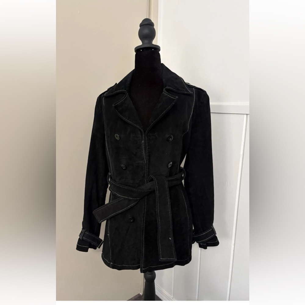 Wilsons Leather Black Trench Coat Y2K - Picture 1 of 12